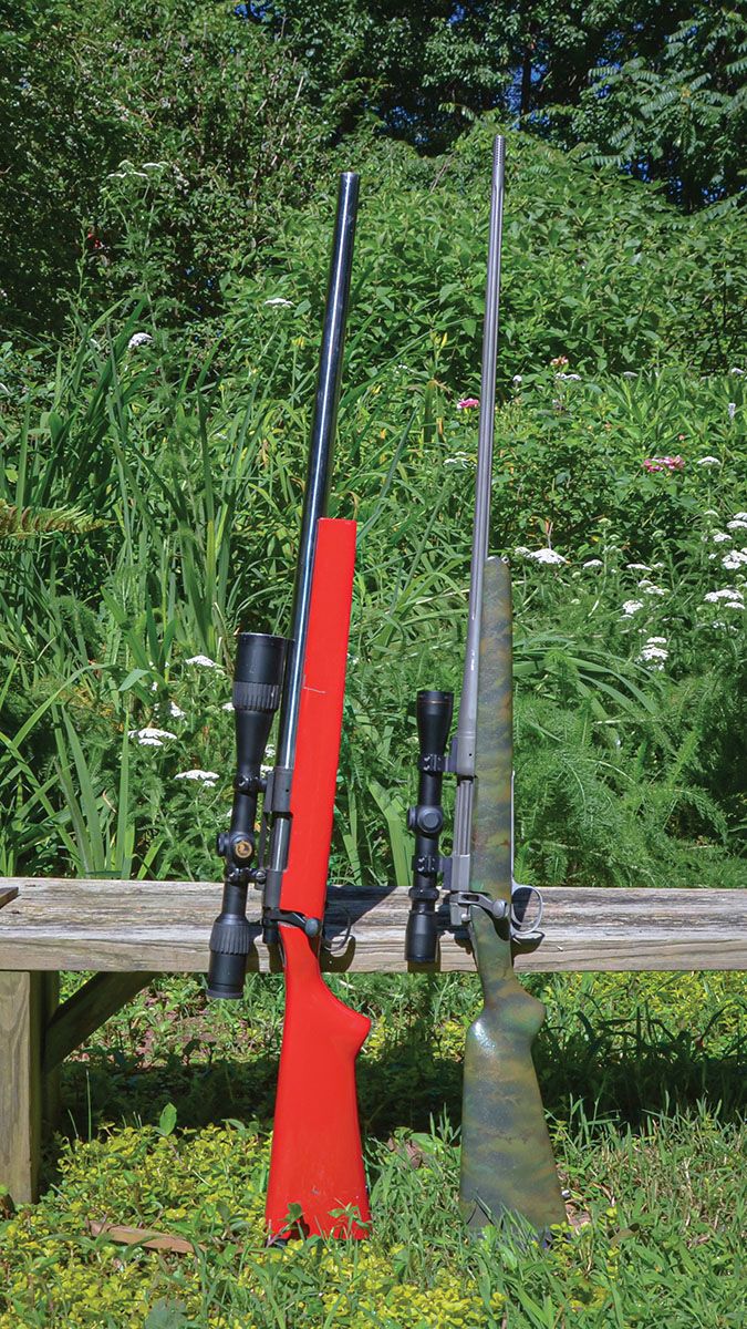 A fat barrel, as on the custom rifle in 6.5 Creedmoor shown at left, heats up slower than the extremely thin barrel of the Rifles Inc. Lightweight Strata in 7mm STW at right. However, when both are heated to the same temperature, the heavy barrel will take longer to cool down.